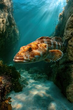 Marine life portrait: lingcod exploring a shallow reef