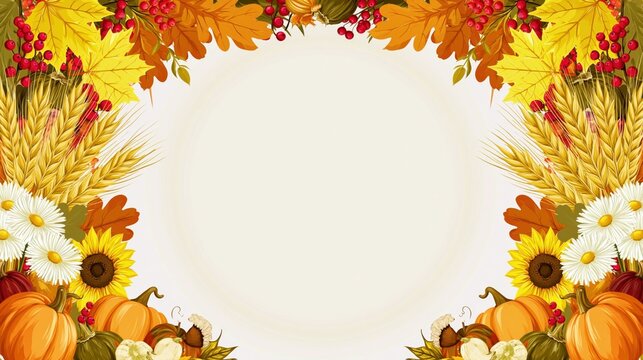 Rustic Autumn Harvest Frame with Pumpkins, Sunflowers, Wheat and Red Berries on Warm Background
