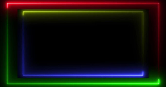 Multicolor Neon Frame with Glowing RGB Border on Black Background, Futuristic Digital Light Rectangle for Technology, Gaming, Streaming and Motion Graphics