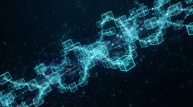 Abstract futuristic digital network of interconnected glowing geometric cubes transparent background