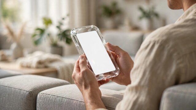 Person holding a smartphone with a blank screen while relaxing on a sofa.