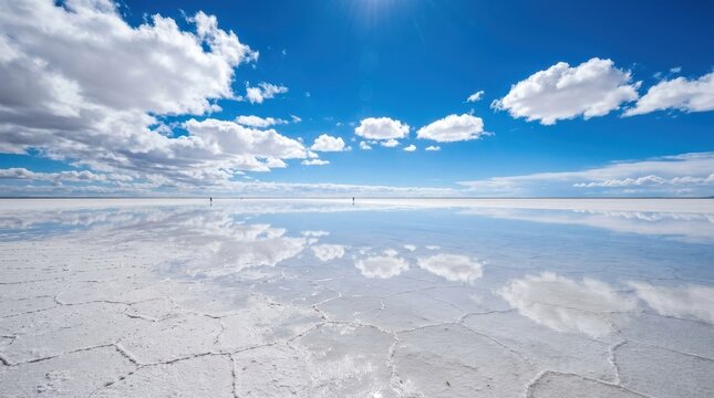 Infinite salt flats create a perfect mirrored sky reflection under a brilliant sunlit blue sky with white clouds