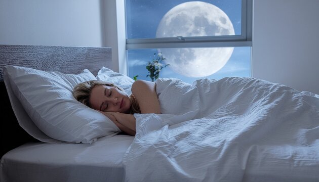 Young woman sleeping peacefully in bed with a large moon view through window