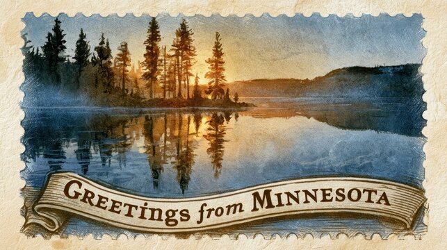 Minnesota postcard stamp: lakeside pine forest at sunset in decorative frame