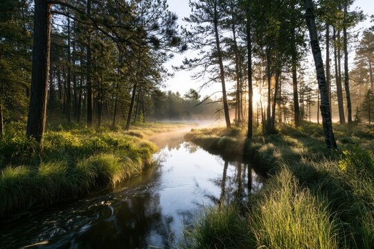 Mist and golden light at the Mississippi headwaters in northern Minnesota