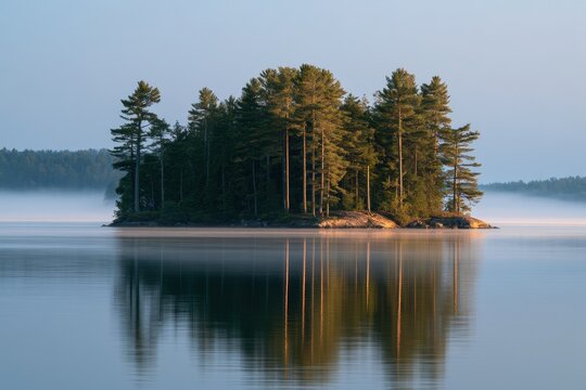 Misty dawn over a lone pine island on a northern lake, tranquil reflections