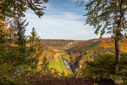 Scenic autumn view of the Upper Danube Valley with Beuron Abbey from the Knopfmacherfelsen viewpoint, Swabian Alb, Germany