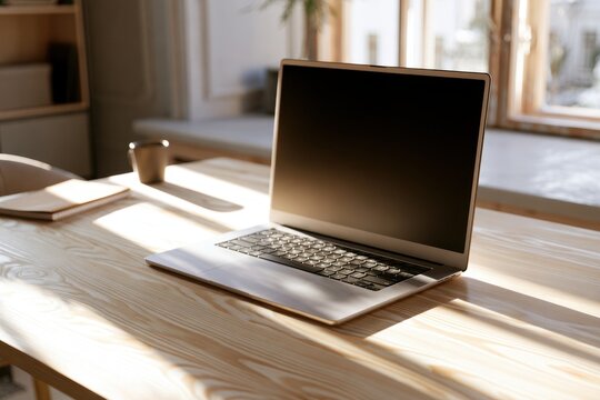 Modern business laptop on a wooden desk in a tidy home office