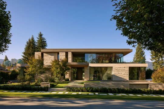 Modern luxury home in Canada framed by mature trees and manicured front yard