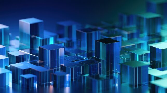 Modern tech background featuring perfectly aligned multisized blue turquoise blocks in a 3D render