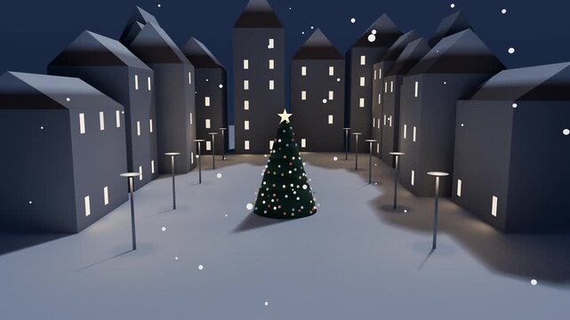 Snowy christmas town square at night with glowing windows and decorated tree seamless loop 4K