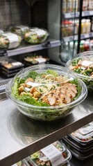 Fototapeta premium Caesar salad in a clear plastic container displayed inside a refrigerated shelf