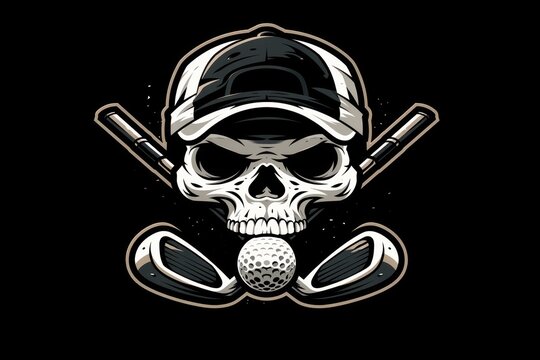 Monochrome skull golf emblem with crossed clubs and ball for branding
