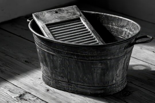 Monochrome still life of antique metal washtub with wooden washboard in a vintage laundry scene
