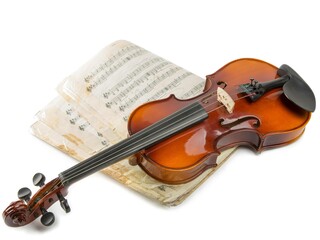 Fototapeta premium Classic wooden violin with bow placed on musical sheet notes isolated on white