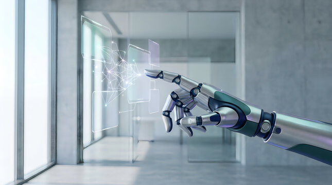 Robotic hand interacting with invisible digital holographic data interface in modern office interior hologram technology interface automation
