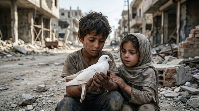 Boy and girl holding white dove in middle of destroyed city. Refugee children seeking peace in war zone. Humanitarian crisis and hope for future. Symbol of innocence amidst conflict.