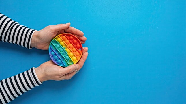 A person holding a colorful rainbow circular pop it fidget toy against a bright blue background