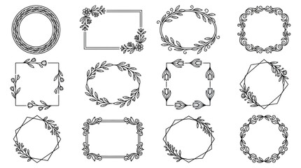 Fototapeta premium Hand drawn floral wreath and botanical frame icon set.