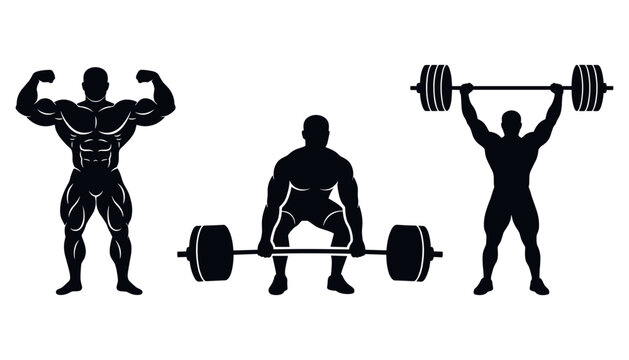 Set of silhouettes of bodybuilders and weightlifters