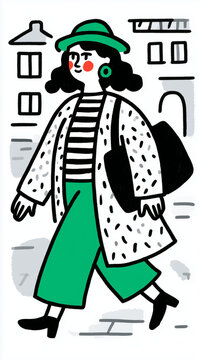 Stilisierte Illustration einer modisch gekleideten Frau beim Stadtbummel mit gro&szlig;er Tasche. Urban Fashion, Shopping, Herbstmode, Lifestyle und moderner Streetstyle.