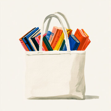 Illustration einer Einkaufstasche mit B&uuml;chern, Heften und Schreibwaren auf wei&szlig;em Hintergrund. Schulbedarf, Lernen, Bildung, Einkauf, Back to School und Vorbereitung auf den Schulstart.