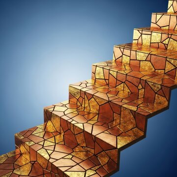 Intricate geometric mosaic staircase with polished golden and copper tones ascending against a gradient blue background