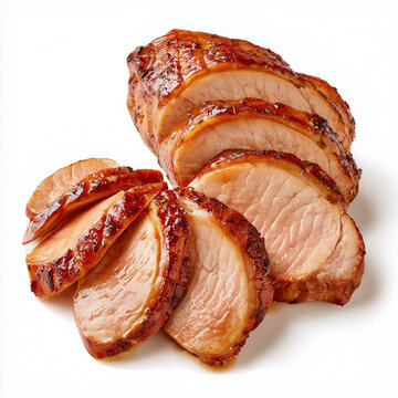 Saftig gebratener Schweinebraten in Scheiben mit knuspriger, gl&auml;nzender Kruste auf wei&szlig;em Hintergrund. Herzhaftes Fleischgericht, Hausmannskost und hochwertige Food-Fotografie.