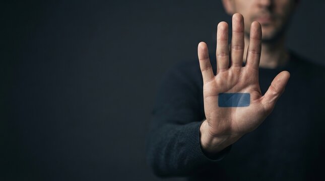 Man raising open hand with blue rectangular mark symbolizing boundaries protection with rectangular shape marked towards camera distinct against dark background holding his open communication