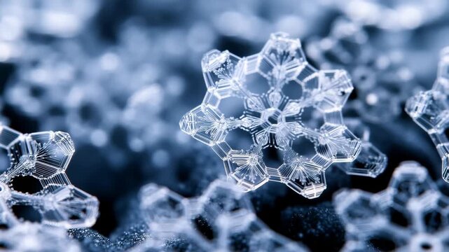 Elegant macro snowflake crystals with blue shimmer, perfect for magical winter holiday stories and festive greetings.