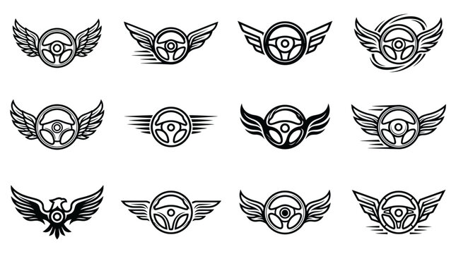 Auto racing icons with wings and eagle motifs.