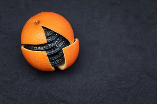 Orange peel still life with hidden abstract core