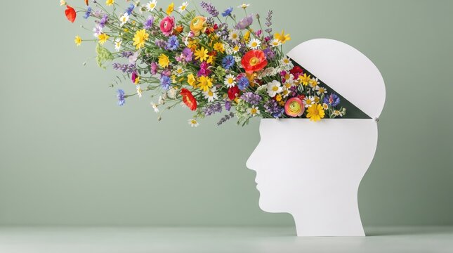 Explosion of colorful flowers bursting forth from an open human head silhouette