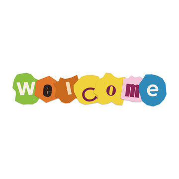 Colorful ransom note style letters spelling the word welcome cut from magazines isolated on transparent background