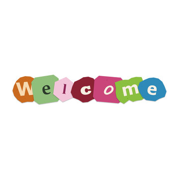 Colorful paper cutout letters spelling the word welcome created in a fun ransom note style isolated on transparent background