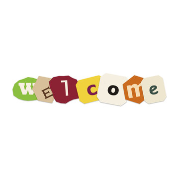 Colorful ransom note style letters spelling the word welcome created from paper cutouts isolated on transparent background