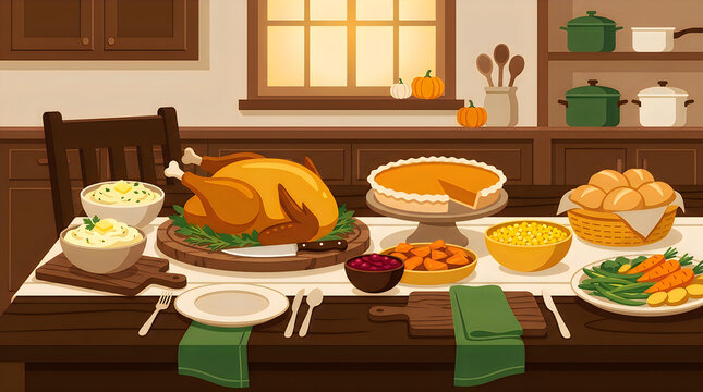 Flat vector illustration of Thanksgiving dinner, roasted turkey, pumpkin pie, harvest food spread on table, autumn feast culinary scene, cartoon style thanksgiving