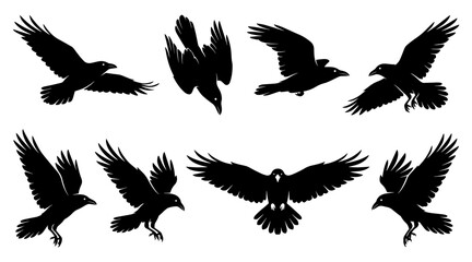 Fototapeta premium Raven silhouettes collection in flight. Black crow icons set for gothic design elements.