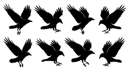 Fototapeta premium Flying raven silhouettes collection. Black crow icons in various poses for Halloween design.