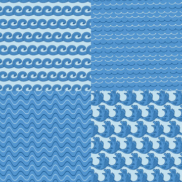 Blue Marine Wave Seamless Pattern Vector Bundle for Textile and Packaging