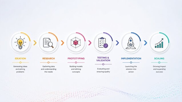 Start-up growth framework infographic timeline displaying six sequential stages ideation research prototyping testing implementation and scaling