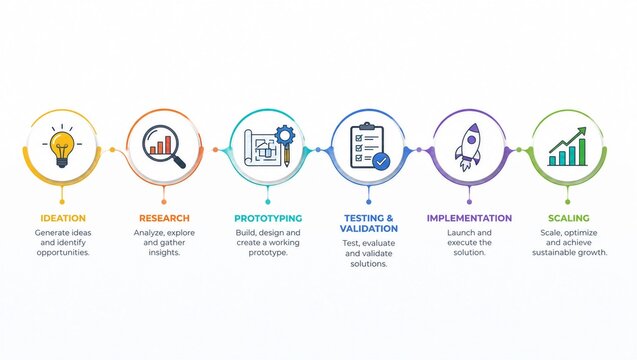 Linear project execution roadmap infographic with six circular step stages ideation research prototyping testing implementation scaling