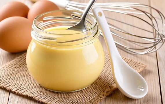 Custard in the glass jar with a spoon
