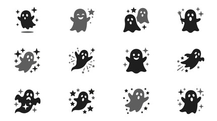 Fototapeta premium Cute cartoon ghost and spooky spirit sticker collection.
