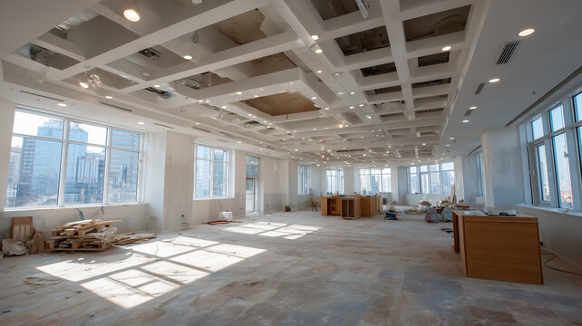 Unfinished Modern Office Interior Space Under Renovation With Exposed Ceiling Grid And Sunlit Floor