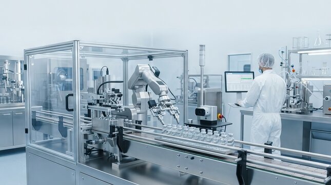 Automated robotic arm processing glass vials inside modern sterile pharmaceutical manufacturing laboratory facility environment with while scientist protective operating production line engineering