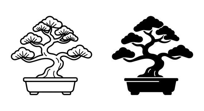 Bonsai Tree Vector Icons, Minimalist Japanese Miniature Plant Art, Zen Garden Symbol, Black and White Outline Silhouette