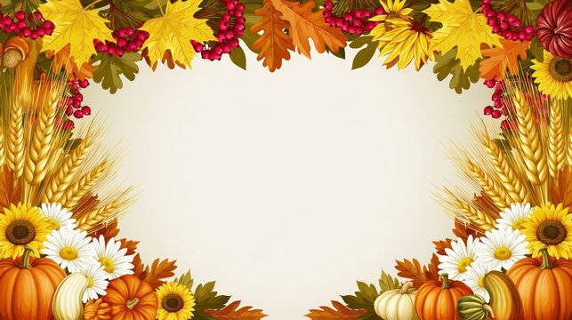 Rustic Autumn Harvest Frame with Pumpkins, Sunflowers, Wheat and Red Berries on Warm Background