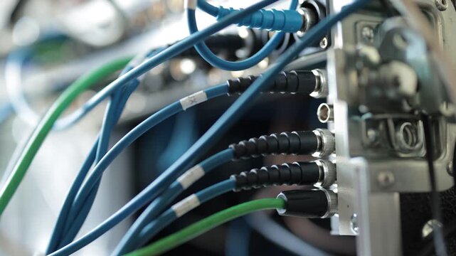 A detailed close-up of blue and green SDI and audio cables connected into the rear patch panel of a broadcast server rack in a professional production unit.