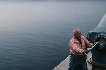 Fototapeta premium Mooring Winch Worker at a Calm Harbor Quay